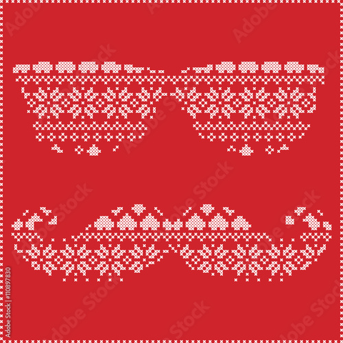 Hipster pattern in Scandinavian Nordic winter stitching  knitting  christmas style with mustache, geek sunglasses, love heart  christmas presents, snow, stars, decorative ornaments on red background
