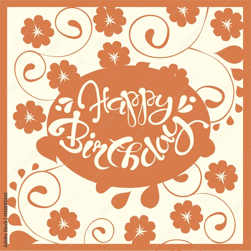 Typography banner Happy Birthday. White lettering on red floral background, hand drawn, vector illustration