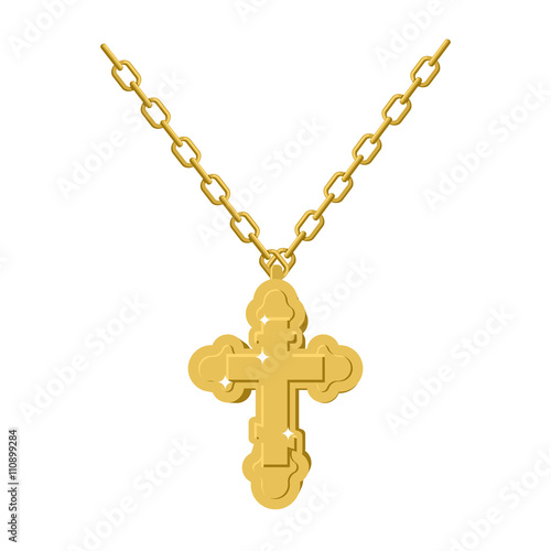 Golden cross necklace on chain of gold jewelry. crucifix Orthodo
