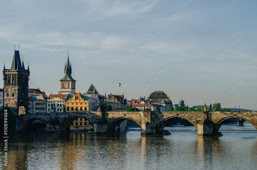 Charles Bridge and Prague Castle in Prague (Czech Republic) at early morning. No people