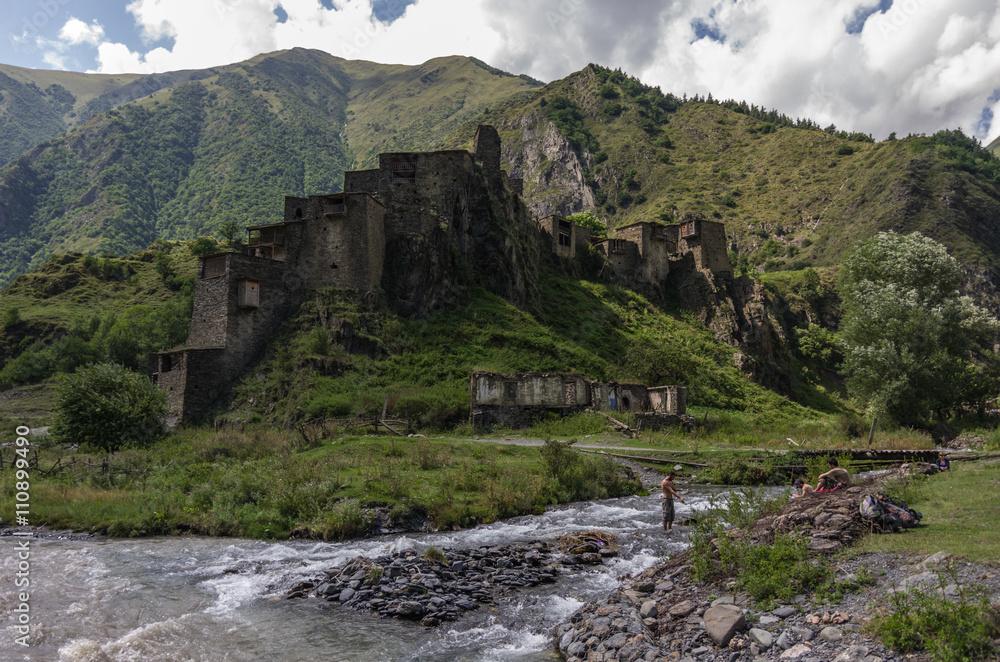 Fototapeta premium Shatili. Abandoned fortified village with watch towers in Georgia. Caucasus mountains