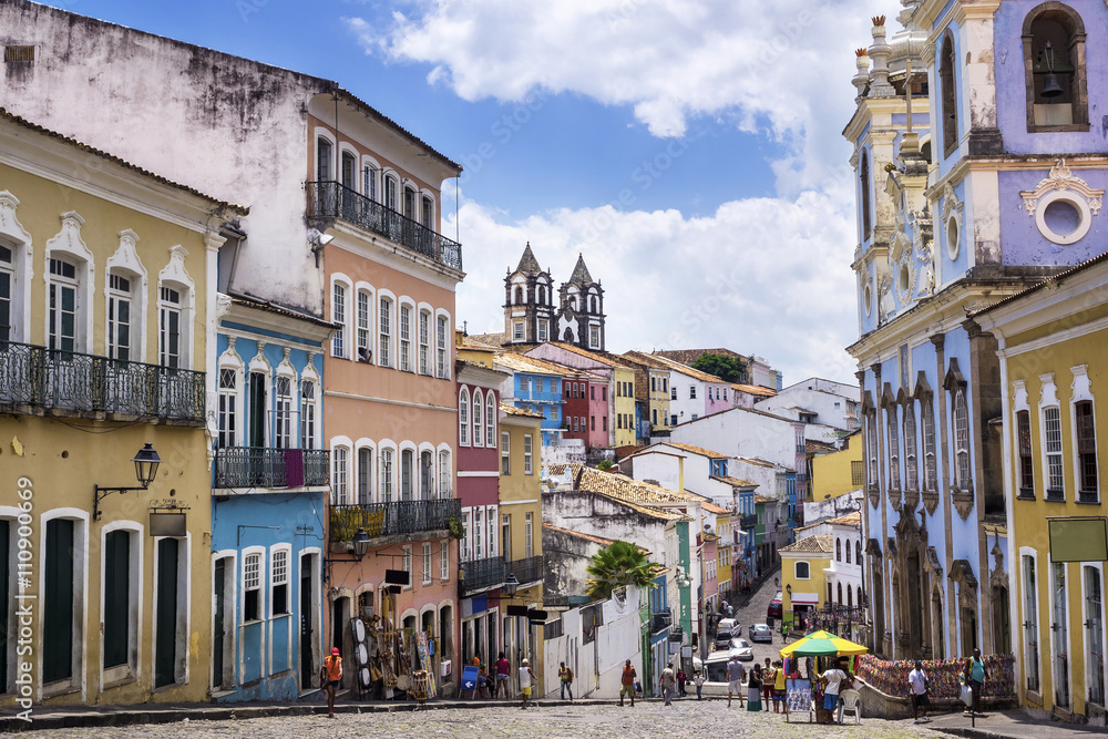 Colorful colonial houses in Pelourinho, Salvador, Bahia, Brazil.