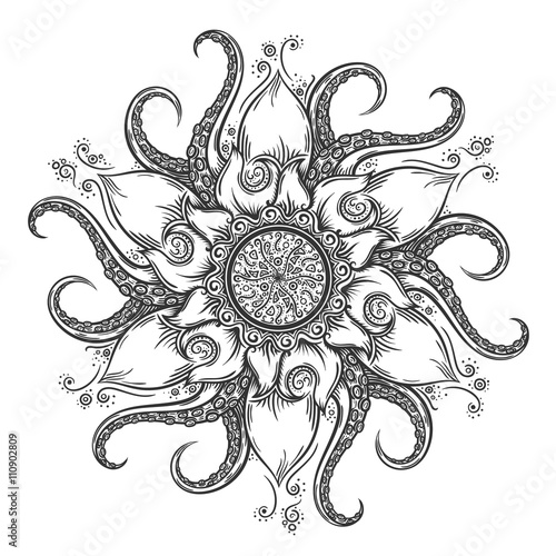 Nautical mandala with octopus tentacles and floral elements. 