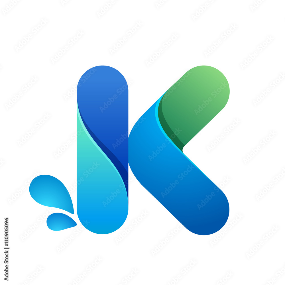 K letter with water waves and drops. K letter with water waves and drops.