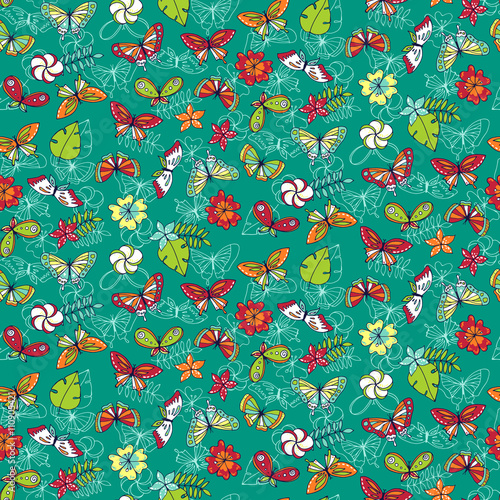 Seamless pattern with tropical butterflies and different flowers