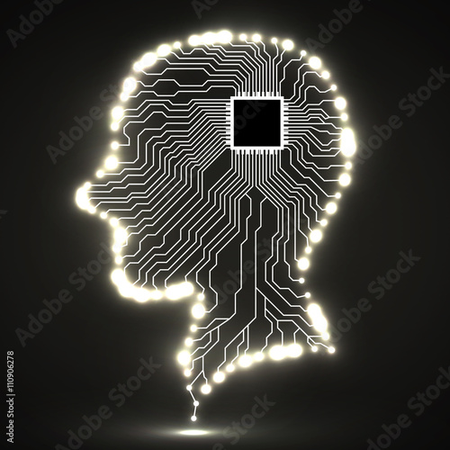 Neon human head, cpu, circuit board, vector illustration, eps 10