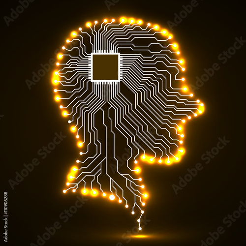 Neon human head, cpu, circuit board, vector illustration, eps 10