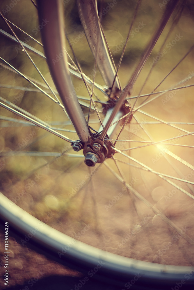 Forward wheel of the bicycle with bokeh