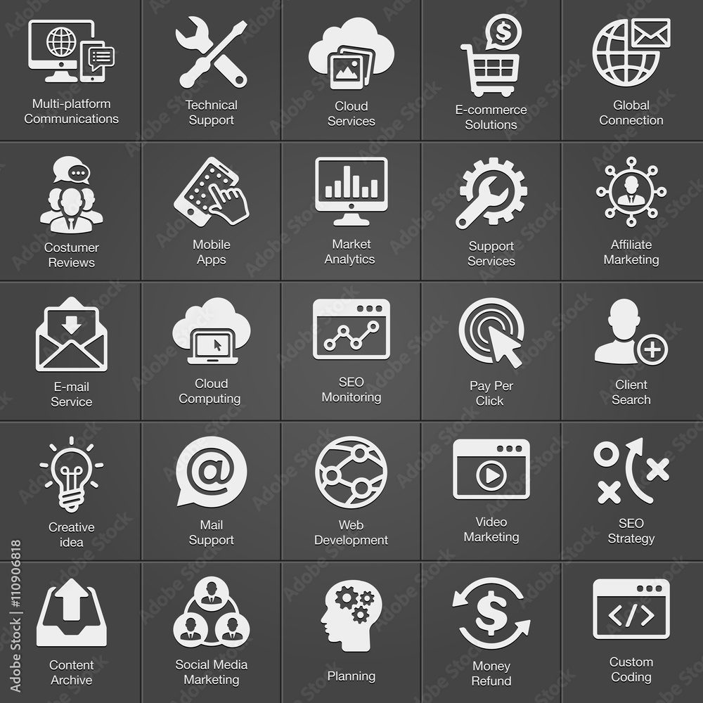 Fototapeta premium SEO and Development icon set on black