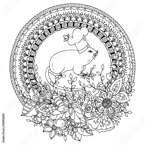 Vector illustration Zen Tangle, Mouse cook in a round floral frame. Mandala, kitchen, doodle flowers. Coloring book anti stress for adults. Black white.