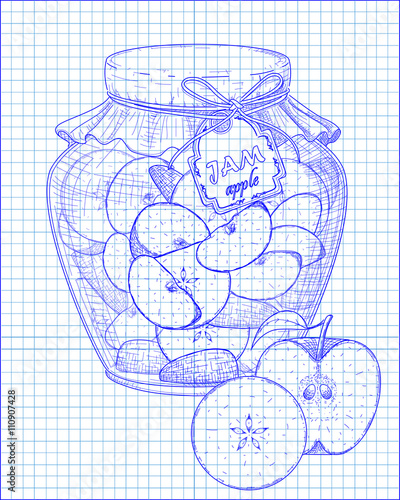 beautiful jar of homemade jam with apple on a notebook backgroun