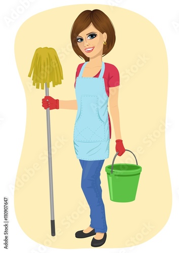 young beautiful cleaning maid woman with bucket and mop smiling