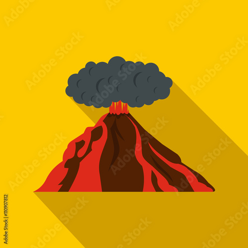 Volcano erupting icon, flat style