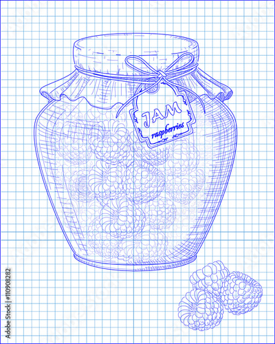 beautiful jar of homemade jam with raspberry on a notebook backg