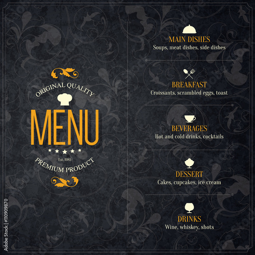 Restaurant menu design. Vector brochure template for cafe, coffee house, restaurant, bar. Food and drinks logotype symbol design. Vintage background