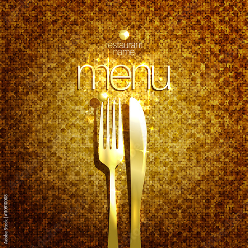 Stylish expensive restaurant menu card design mock up with golden fork and knife