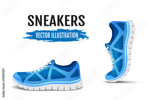 Background of two running shoes. Blue sport shoes for running. Blue curved sport shoes for running. Vector illustration