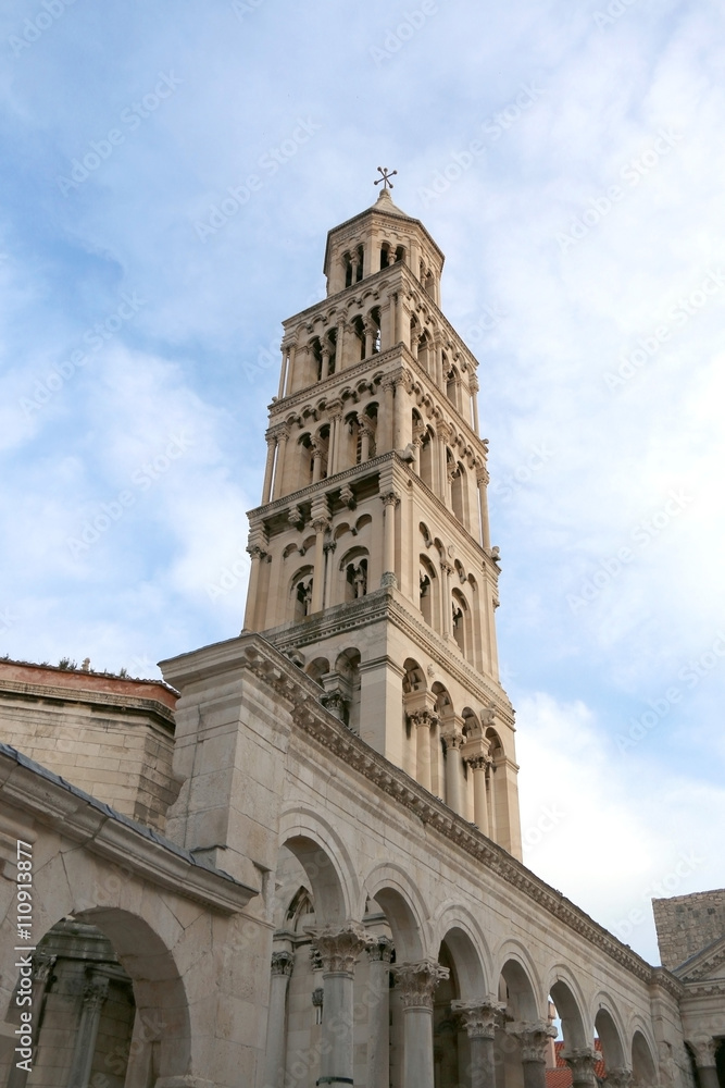 Saint Domnius bell tower on Peristil Square in Split, Croatia. Split is famous travel destination and UNESCO World Heritage Site. 