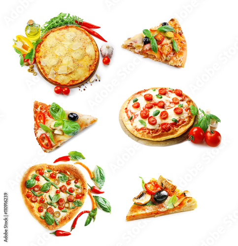 Collage of different pizzas isolated on white