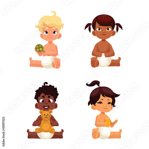 Babies in diapers of different nationalities, comic cartoon vector illustration isolated on white, four baby in diapers sitting, different nationalities, Mexican baby African Asian and European
