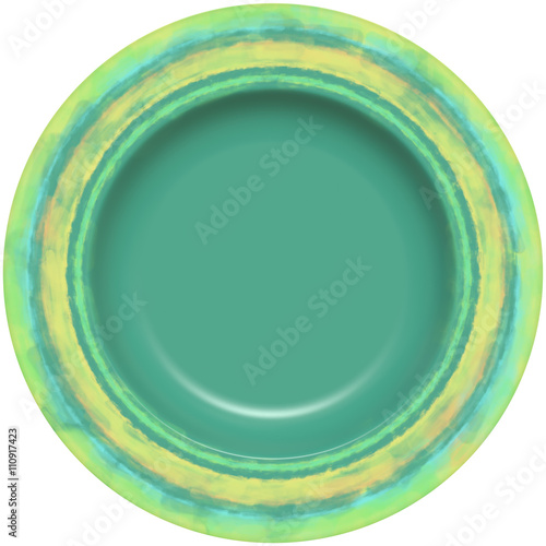 Isolated empty round glazed plate with decorative frame