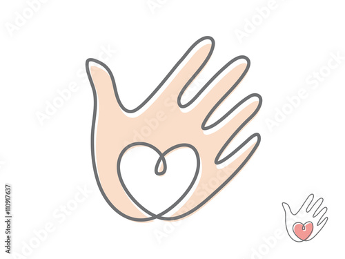 Vector hand with heart logo design. Arm with heart logo. Hand care logo. Protection logo. Love logo. Hand icon. Vector logo design. 