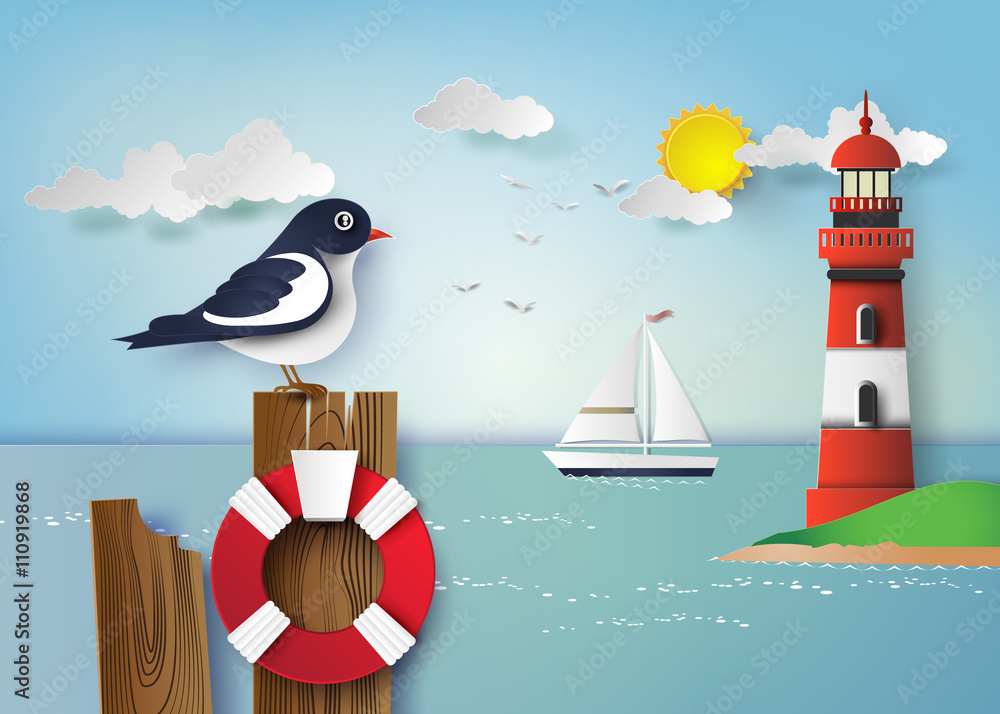 Fototapeta premium Seagull standing on a wooden post
