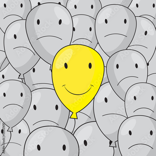 Happy yellow balloon with disgruntled gray balloons vector illustration