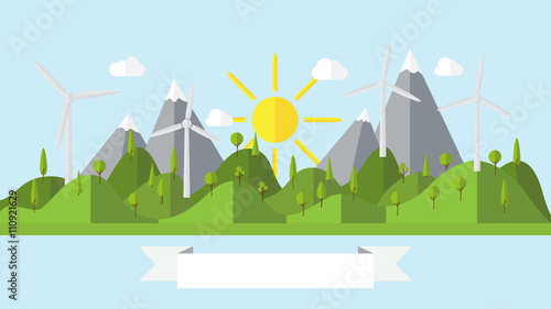 Flat vector ecology landscape island illustration with  wind power plant coast scenery background