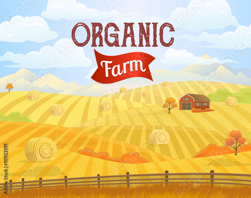 Meadow landscape. Countryside. Rural area. Fields with haystacks.  Village background. Farming life. Vector illustration in cartoon style.