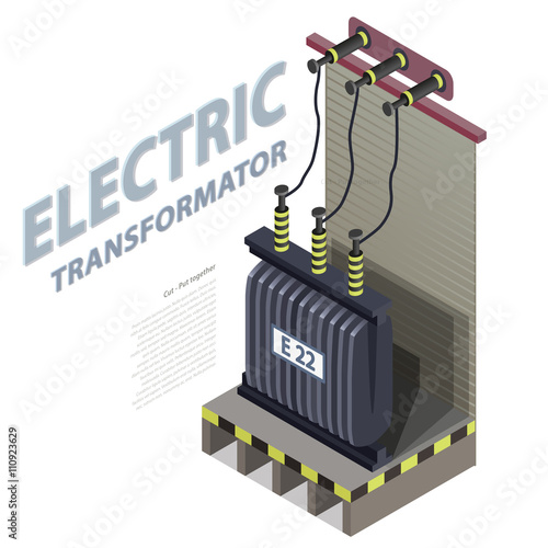 Electric transformer isometric building info graphic. High-voltage power station. Old plant architecture. Scientific illustration. Pictogram industrial electricity set. Flatten isolated master vector.