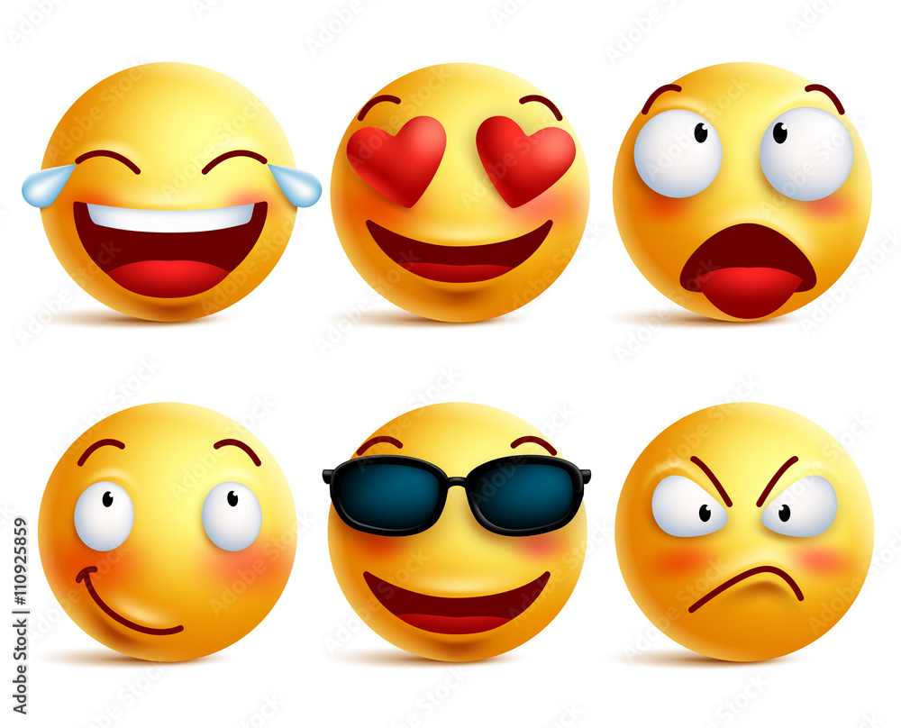 Obraz premium Smiley face icons or yellow emoticons with emotional funny faces in glossy 3D realistic isolated in white background. Vector illustration 