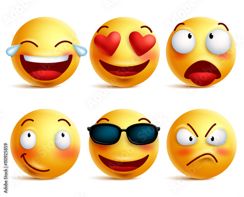 Smiley face icons or yellow emoticons with emotional funny faces in glossy 3D realistic isolated in white background. Vector illustration
 photo