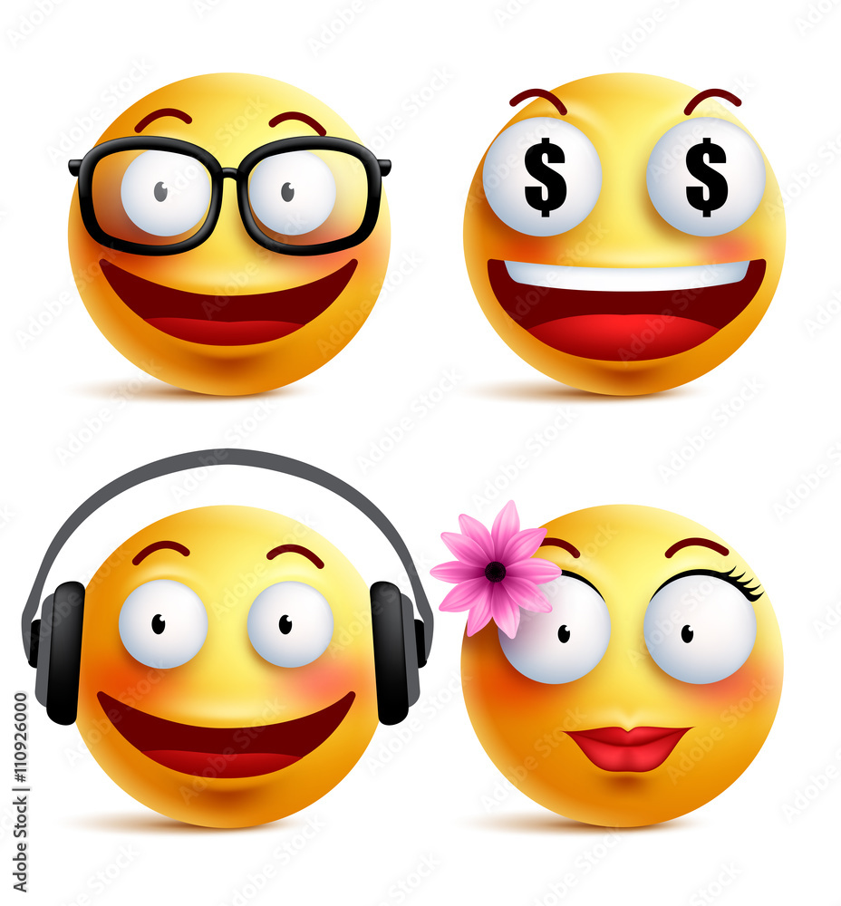 Emoji yellow emoticons or smiley faces collection with funny emotions in  glossy 3D realistic isolated in white background. Vector illustration Stock  Vector | Adobe Stock
