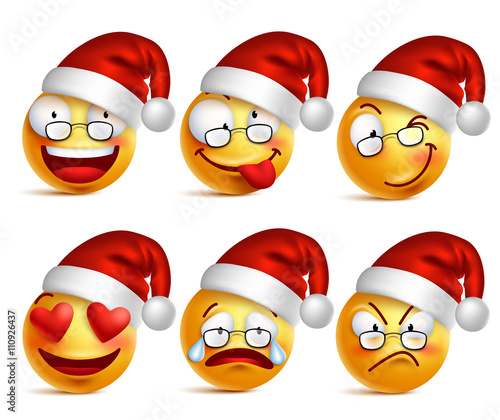 Set of Smiley face of santa claus yellow emoticons with facial expressions and christmas hat in glossy 3D realistic isolated in white background. Vector illustration
