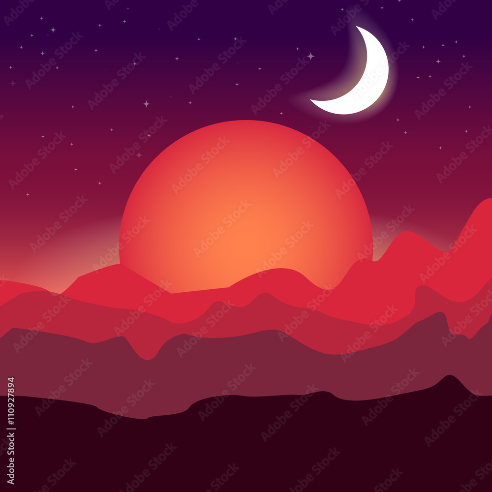 sunset with moon and star
