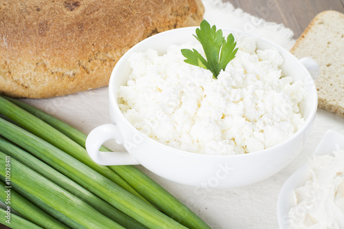 Cottage cheese with sour cream, milk, onion and bread