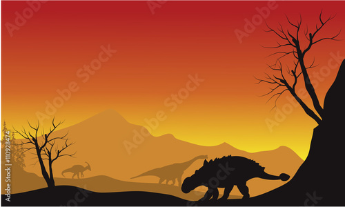ankylosaurus and brachiosaurus in fields scenery silhouette photo