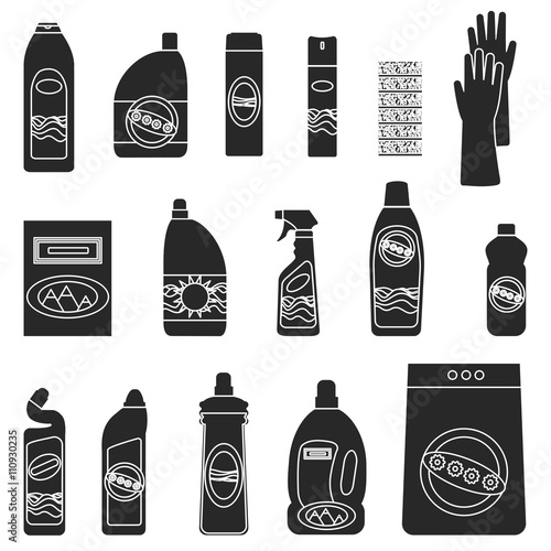 Household chemicals icon set for web sites and user interface. Stock vector illustration set of silhouettes of containers and bottles household chemicals. Group bottles of household chemicals.