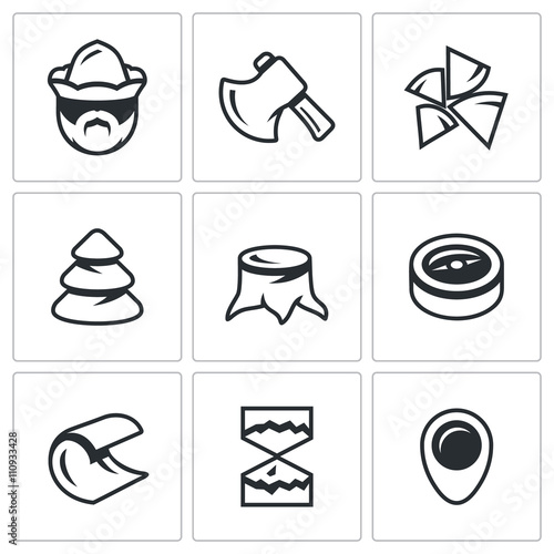 Vector Set of Firewood in the forest Icons. Woodcutter, Tool, Stack of wood, Timber, Stump, Direction, Cutting, Felling tree, Plot.