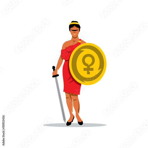 Vector Woman Warrior Cartoon Illustration. Abstract Protection of women sign.