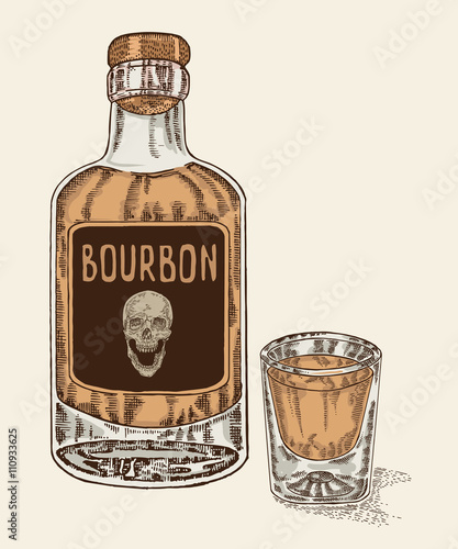 Whiskey in bottle and glass. Hand drawn bourbon drink vector 