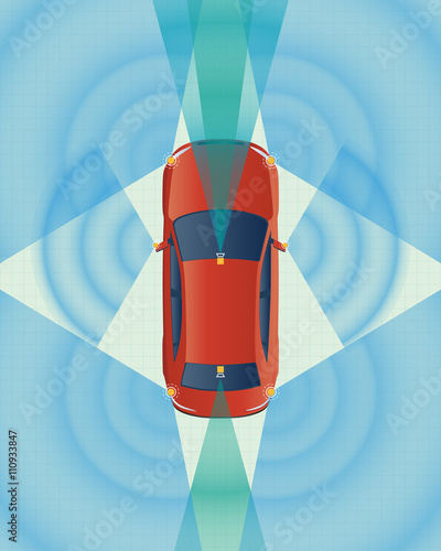 Remote Sensing System of Vehicle. various cameras and sensors, smart car, safety car, autonomous car, top view, vector illustration