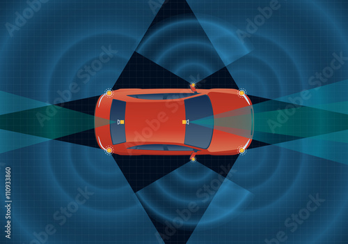 Remote Sensing System of Vehicle. various cameras and sensors, smart car, safety car, autonomous car, top view, vector illustration