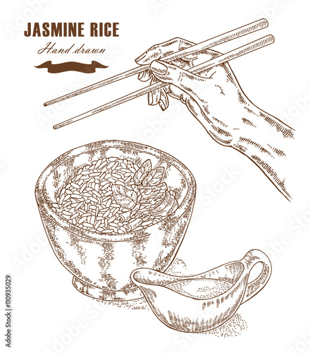 Thai jasmine rice in a bowl. Hand with chopsticks. Vector illust