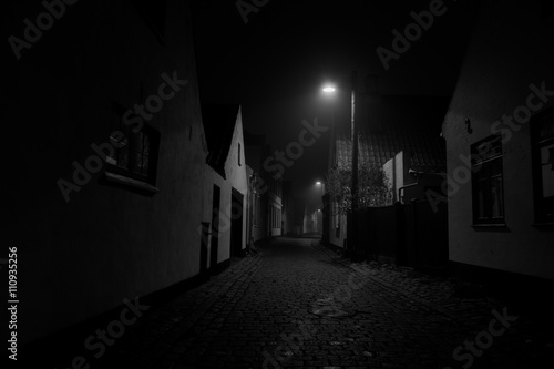 Misty street. The old part of Dragør, Denmark.