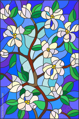 Illustration in stained glass style with abstract cherry blossoms on a blue background