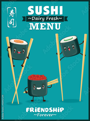 Vintage Sushi poster design with vector sushi character. Chinese word means sushi.