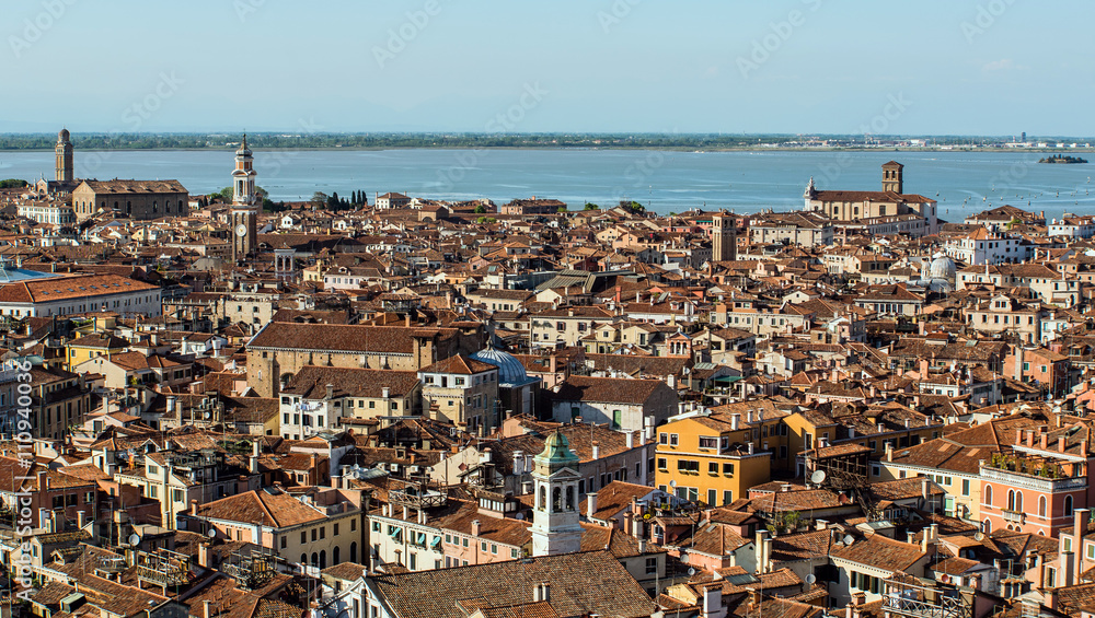 An aerial view of the roofs of the town of Venice in Italy