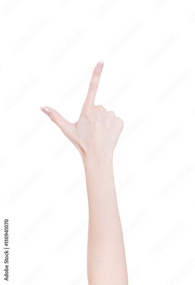 Female hand touching screen, isolated on white Female hand touching screen, isolated on white